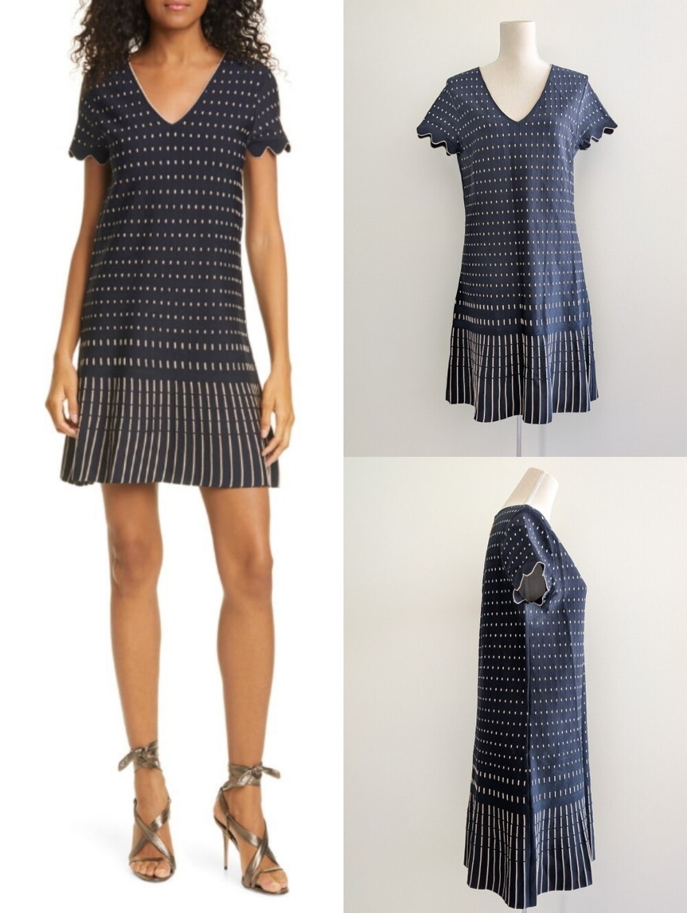 Ted Baker Maciiey Slim V-Neck Navy Dot & Stripe Metallic Knit Dress